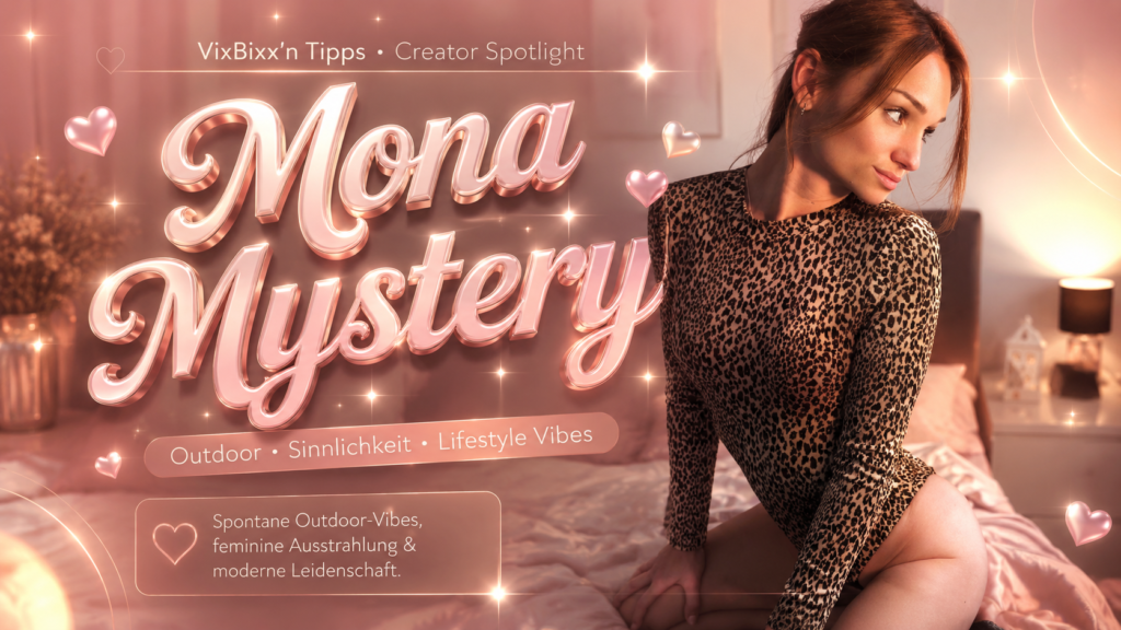 Glossy Pastellbanner von Mona Mystery im modernen Creator- und Lifestyle-Magazinlook mit warmen Rosa- und Peach-Tönen, Leo-Outfit und eleganter Schlafzimmer-Atmosphäre.