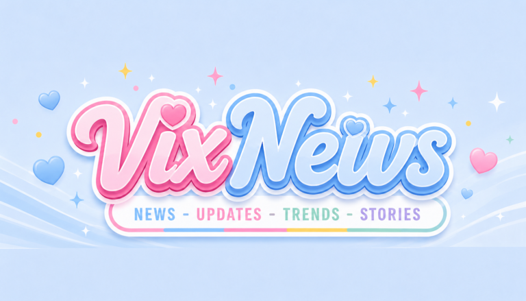 VixNews Logo in pastellblau und rosa mit glänzendem 3D-Schriftzug, Herzen und funkelnden Elementen auf softem hellblauen Hintergrund im modernen Creator-News-Stil.