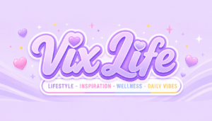 VixLife Logo in pastelllila mit glänzendem 3D-Schriftzug, Herzen und funkelnden Elementen auf softem violetten Hintergrund im modernen Lifestyle- und Wellness-Stil.