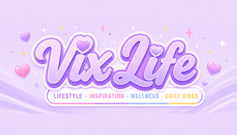 VixLife Logo in pastelllila mit glänzendem 3D-Schriftzug, Herzen und funkelnden Elementen auf softem violetten Hintergrund im modernen Lifestyle- und Wellness-Stil.