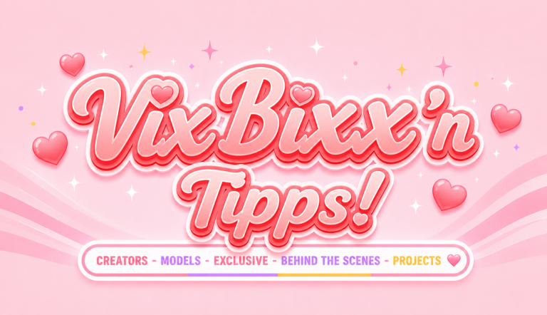 Pastellrotes VixBixxn Tipps Logo mit glänzendem 3D-Schriftzug, Herzen und verspielten Creator-Vibes im modernen Lifestyle-Design.