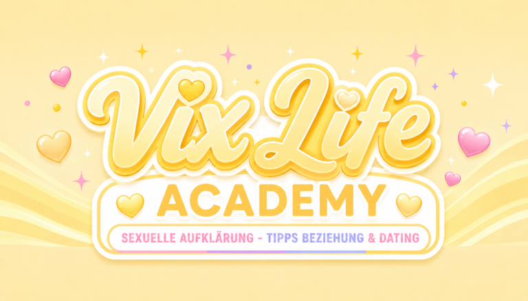 VixLife Academy Logo im pastellgelben VixBixx-Stil mit glänzendem 3D-Schriftzug, Herzen und dem Untertitel „Sexuelle Aufklärung – Tipps Beziehung & Dating“.