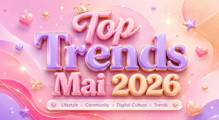 Pastellfarbenes digitales Magazinbanner mit glossy 3D-Schrift „Top Trends Mai 2026“, umgeben von Herzen, Sternen und funkelnden Elementen in Rosa, Lila und Peach.