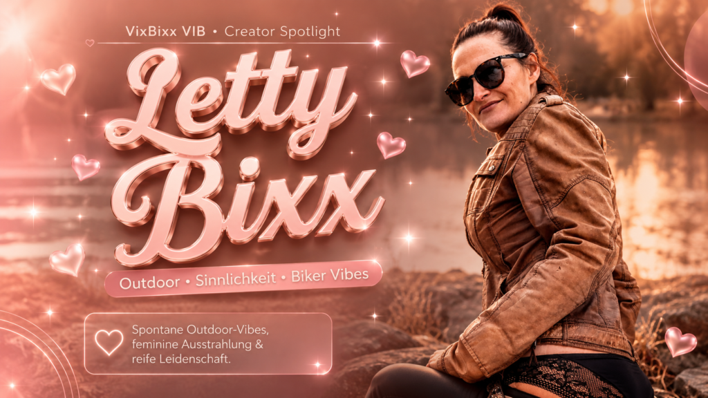 Glossy Pastellbanner von Letty Bixx im modernen Creator- und Lifestyle-Magazinlook mit Lederjacke, Outdoor-Atmosphäre, rosa Glow-Effekten und luxuriöser Abendstimmung.