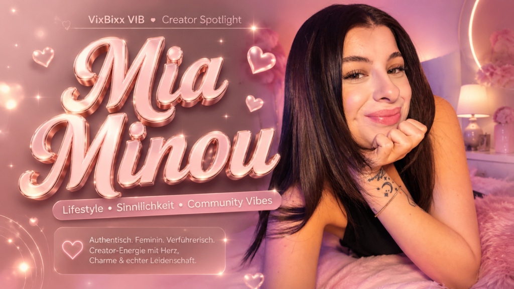 Glossy Pastellbanner von Mia Minou im modernen Creator- und Lifestyle-Magazinlook mit rosa Glow-Effekten, gemütlicher Bedroom-Atmosphäre und hochwertiger Community-Ästhetik.