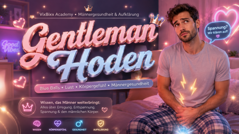 Glossy Pastellbanner zum Thema „Gentleman Hoden“ im modernen Lifestyle- und Aufklärungsstil mit neonbeleuchtetem Schlafzimmer, humorvollen Glow-Effekten und hochwertiger Magazinoptik. Gentleman Hoden und Blue Balls in der VixLife Academy