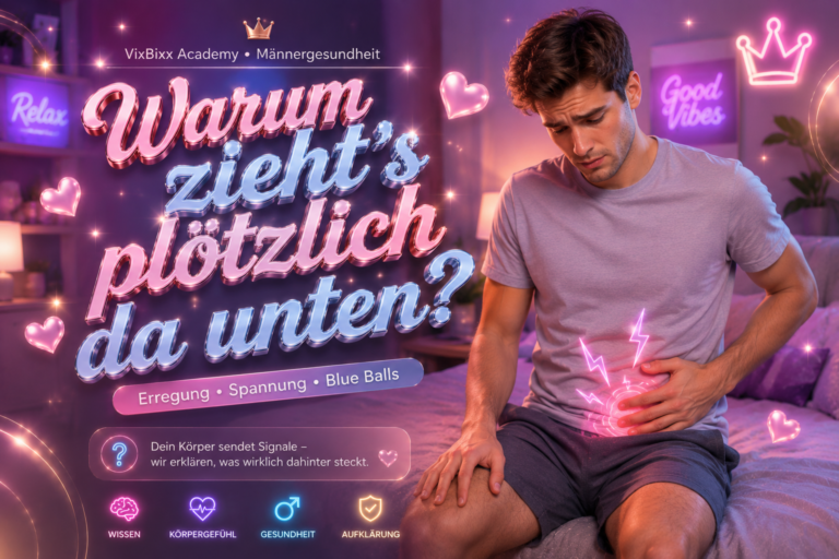 Modernes glossy Pastellbild zur Männergesundheit mit stylischem Schlafzimmer, humorvollen Spannungseffekten und neonbeleuchteter Creator-Magazin-Ästhetik.