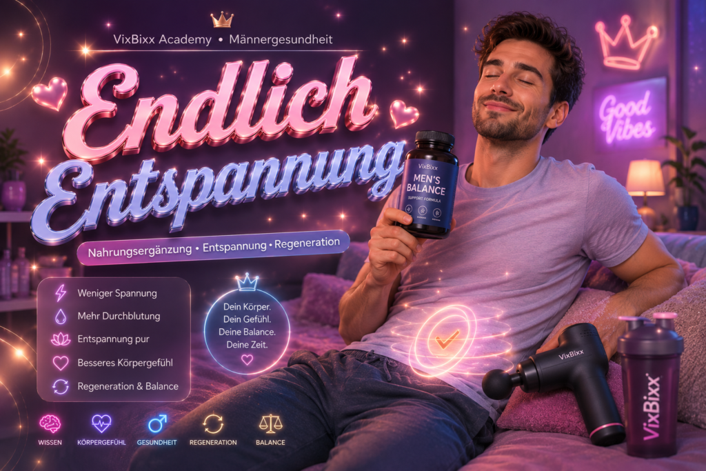 Modernes glossy Pastellbild zur Männergesundheit mit entspannter Wellness-Atmosphäre, neonbeleuchtetem Schlafzimmer, stylischer Massagepistole und hochwertiger Creator-Magazinoptik.