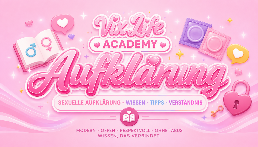 VixLife Academy Aufklärung Banner im glossy Pastellstil mit rosa 3D-Schrift, Herzen, funkelnden Elementen und Symbolen für moderne sexuelle Aufklärung und Beziehungsthemen.