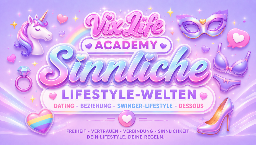 VixLife Academy Banner im Unicorn-Pastellstil mit glossy 3D-Schrift, Einhorn, Herzen, Dessous-Elementen und Symbolen für Dating, Beziehung und sinnliche Lifestyle-Welten.