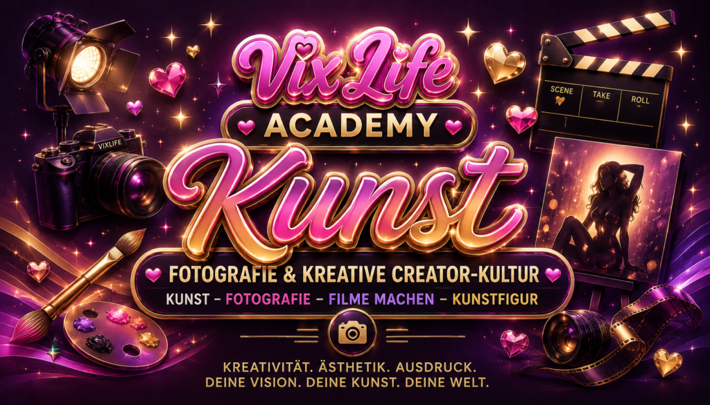 VixLife Academy Kunst-Banner im glamourösen Pastellstil mit glossy 3D-Schrift, Kamera, Filmklappe, Fotografie-Elementen und kreativer Creator-Ästhetik in Pink-, Gold- und Lilatönen.