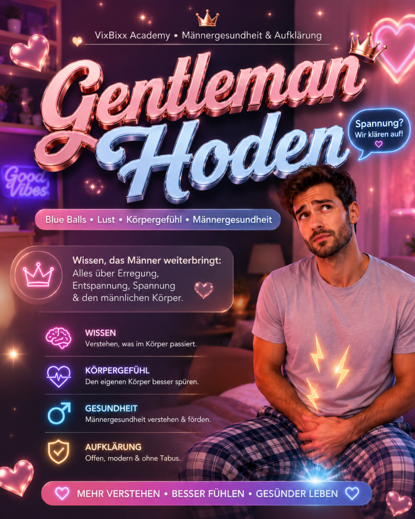 Glossy VixLife Academy Banner zum Thema Gentleman Hoden mit modernem Männer-Aufklärungsdesign in Pink-Blau-Neonoptik und nachdenklichem Mann im Schlafzimmer.