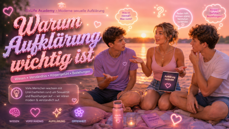 Modernes glossy Pastellbanner zur sexuellen Aufklärung mit Jugendlichen am Badesee bei Sonnenuntergang, neonartigen Glow-Effekten und hochwertiger Creator-Magazin-Ästhetik.