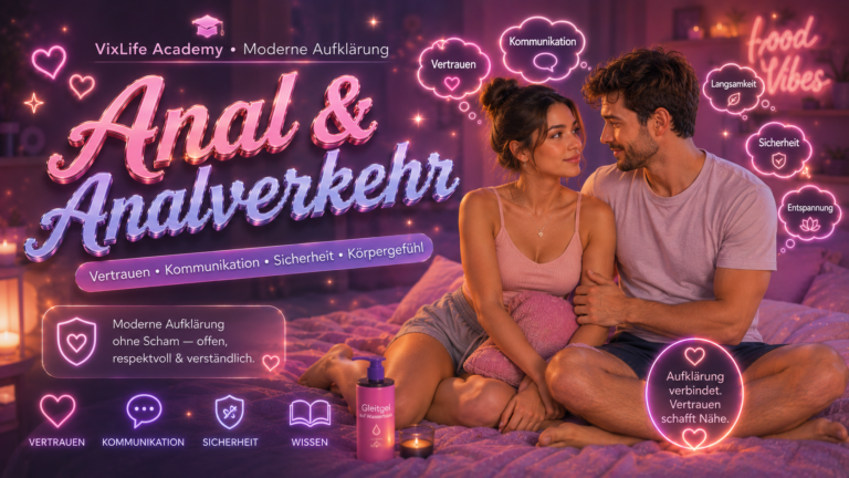 Modernes glossy Pastellbanner zur Aufklärung über Analverkehr mit vertrautem Paar, neonbeleuchtetem Schlafzimmer und hochwertiger Creator-Magazin-Ästhetik.