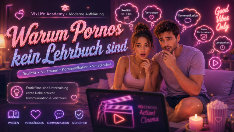Modernes glossy Pastellbanner über unrealistische Porno-Darstellungen mit nachdenklichem Paar, neonbeleuchtetem Schlafzimmer und hochwertiger Creator-Magazin-Ästhetik.