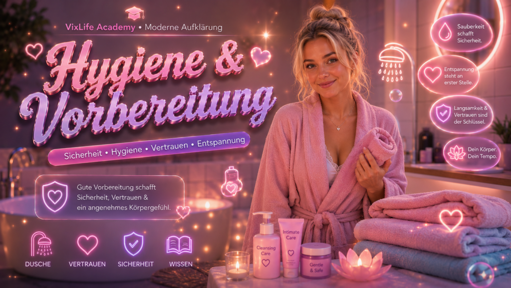 Modernes glossy Pastellbanner zur Hygiene und Vorbereitung mit entspannter Wellness-Atmosphäre, neonbeleuchtetem Badezimmer und hochwertiger Creator-Magazin-Ästhetik.