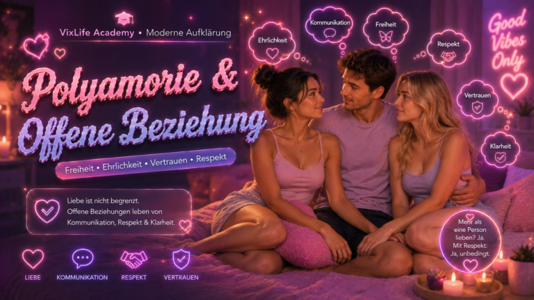Modernes glossy Pastellbanner über Polyamorie und offene Beziehungen mit drei vertrauten Personen, neonbeleuchtetem Schlafzimmer und hochwertiger Creator-Magazin-Ästhetik.