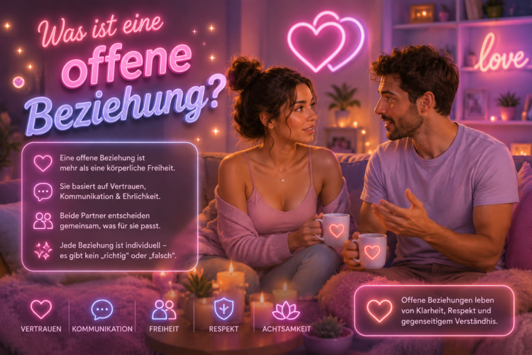 Modernes glossy Pastellbild über offene Beziehungen mit entspanntem Paar in gemütlicher Neon-Atmosphäre und hochwertiger Creator-Magazin-Ästhetik.
