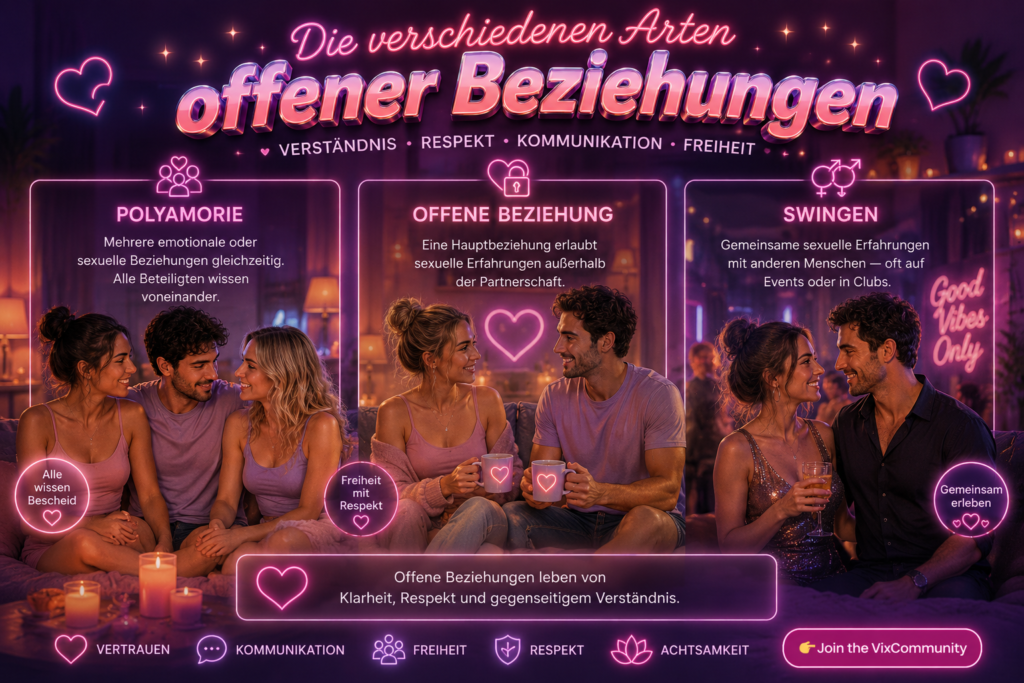Modernes glossy Pastellbanner über verschiedene Arten offener Beziehungen mit neonbeleuchteter Creator-Magazin-Ästhetik und stilvollen Szenen zu Polyamorie, offenen Beziehungen und Swingen.