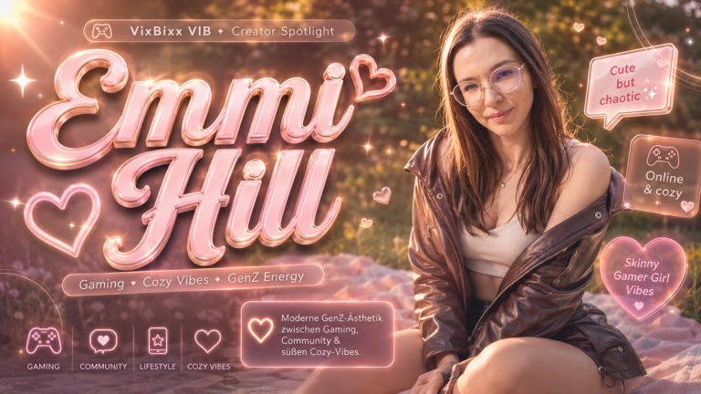 Modernes glossy Pastellbanner von Emmi Hill im cozy Gamer-Girl- und GenZ-Style mit sanften Glow-Effekten, Naturkulisse und hochwertiger Creator-Magazin-Ästhetik.