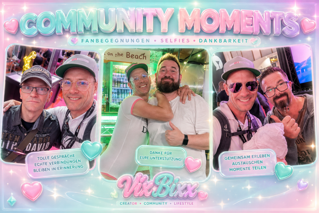 Community-Momente auf der VENUS Berlin mit Fans, Creator-Vibes und Selfies im glossy Pastellstil des VixBixx Universums.
