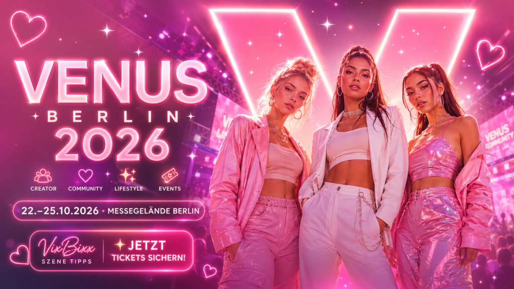 Glossy Eventbanner zur VENUS Berlin 2026 mit drei stilvollen Eventmodels vor einem leuchtenden Neon-V im modernen Creator- und Lifestyle-Festivalstil.
