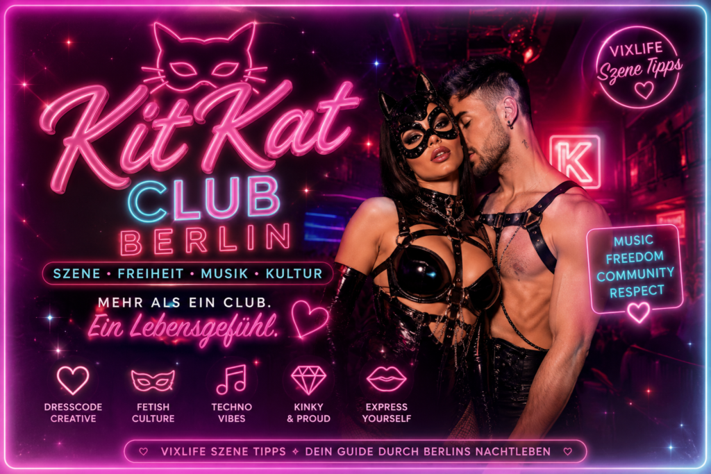 Glossy Neon-Header zum KitKat Club Berlin mit futuristischen Club-Vibes, Szene-Atmosphäre, Techno-Ästhetik und moderner Berliner Nachtkultur im VixLife Stil.