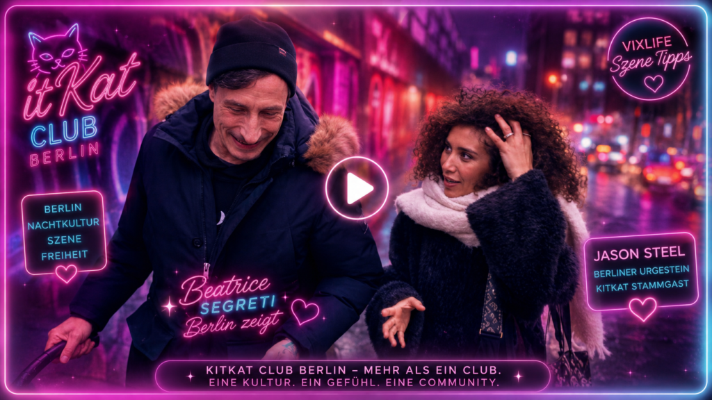 Glossy Neon-Thumbnail mit Jason Steel und Beatrice Segreti in Berlin vor dem KitKat Club Umfeld mit moderner Szene- und Nachtkultur-Atmosphäre.