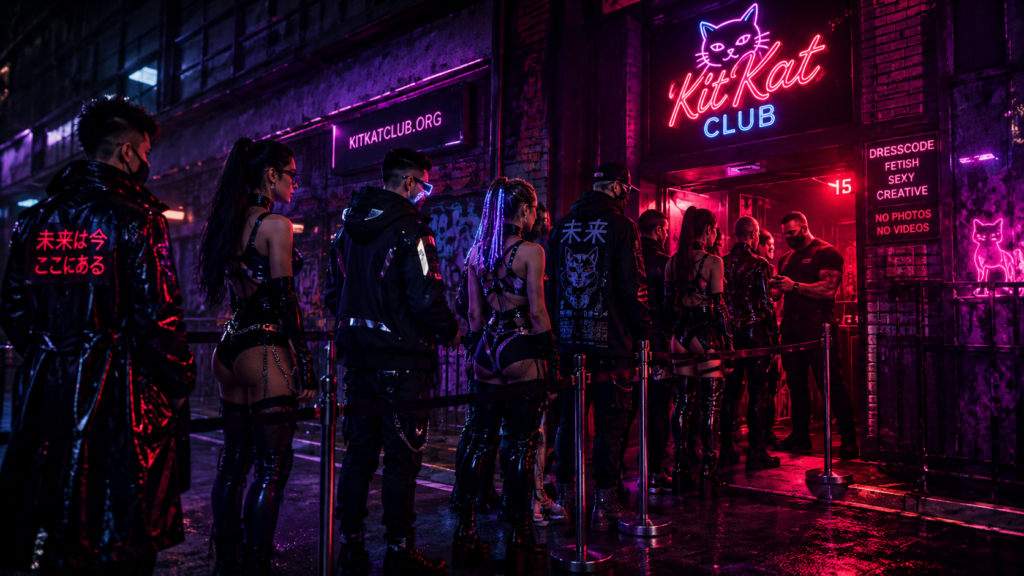 Cyberpunk-inspirierte Warteschlange vor dem KitKat Club Berlin mit Neonlichtern, kreativen Outfits und moderner Berliner Nachtkultur.