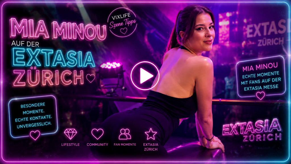 Glossy Neon-Thumbnail mit Mia Minou auf der EXTASIA Zürich in moderner Community- und Creator-Atmosphäre mit pinken und violetten Neonlichtern.