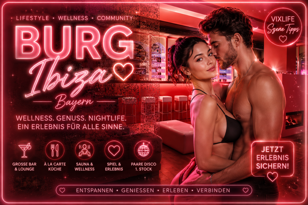 Glossy Pastell-Headerbild zur Burg Ibiza in Bayern mit luxuriöser Bar-Lounge, roter Neon-Atmosphäre und stilvollem Paar im modernen Lifestyle- & Wellness-Club-Vibe.
