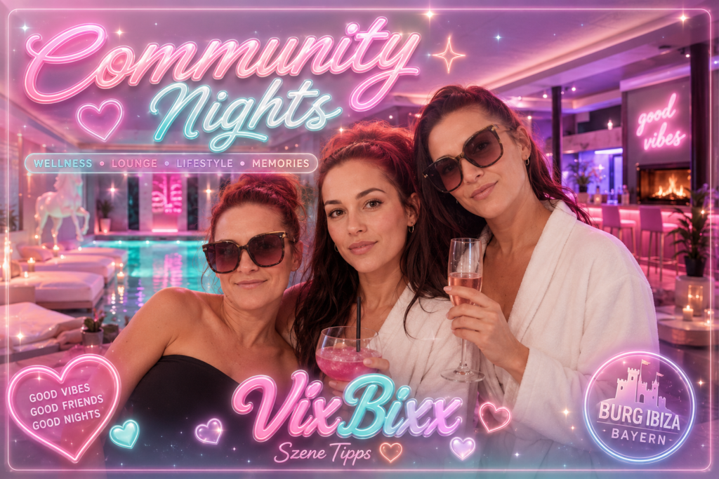 Drei Frauen genießen gemeinsam einen luxuriösen Wellness- und Community-Abend in einer stilvollen Spa- & Lounge-Atmosphäre mit Pool, Neonlichtern und Unicorn-Pastellfarben im VixBixx-Stil.
