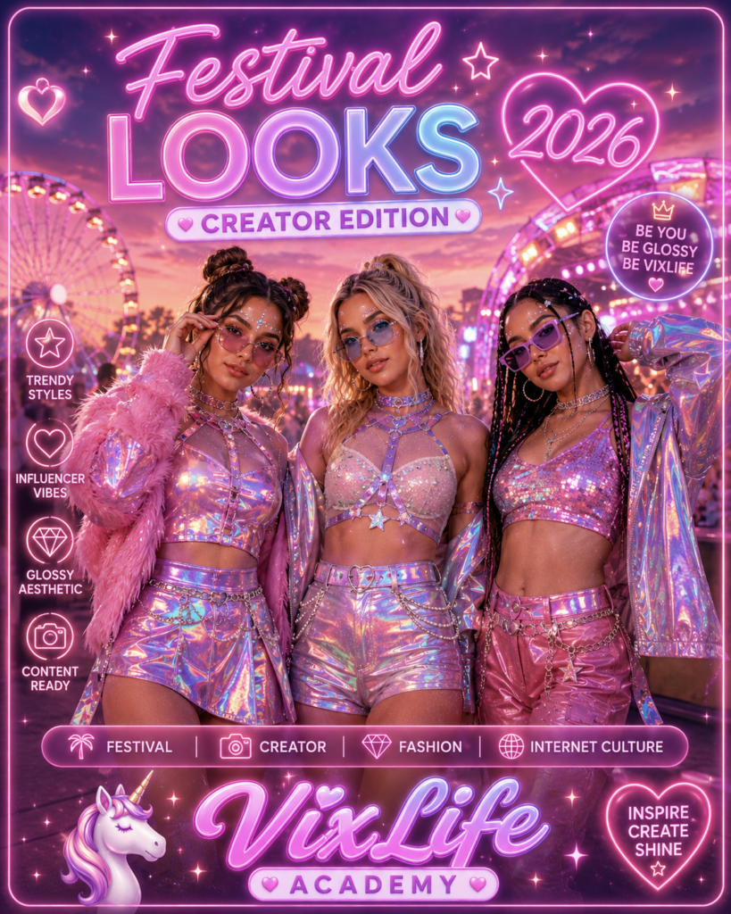 Drei stilvolle Festival- & Creator-Persönlichkeiten präsentieren futuristische Glossy-Outfits auf einem modernen Festival mit Neonlichtern, Pastellfarben und VixLife-Academy-Vibes.