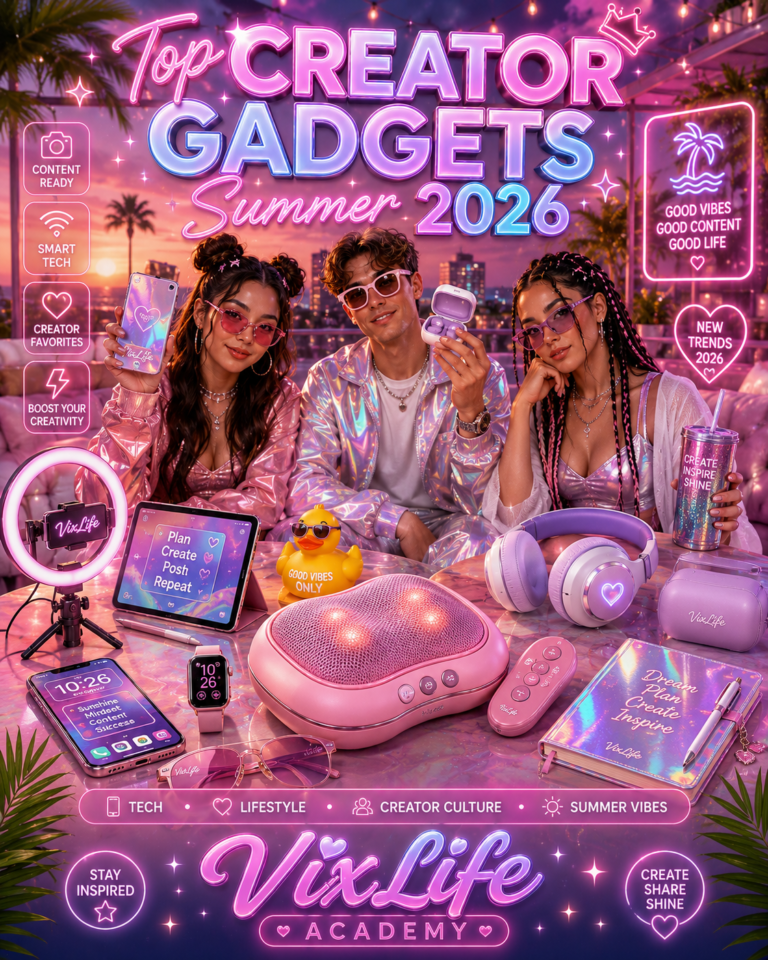 Glossy Pastellbanner mit drei stylischen Creatorn auf einer sommerlichen Rooftop-Lounge voller moderner Tech-Gadgets, Neonlichter und Creator-Vibes im futuristischen VixLife-Academy-Stil.