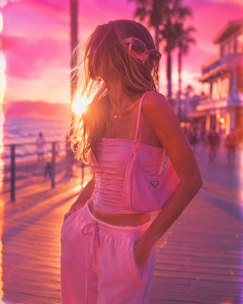Frau in Y2K-inspiriertem bubblegum-pinkem Beach-Look mit Vintage-Sonnenbrille – Retro Bikini Trend 2026 VixBixx