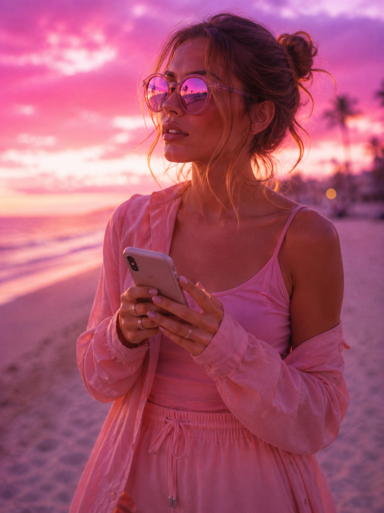 Junge Frau mit Smartphone am Strand in pastellfarbenem Sommer-Look – Creator Lifestyle Bikini Trends 2026 VixBixx Magazin