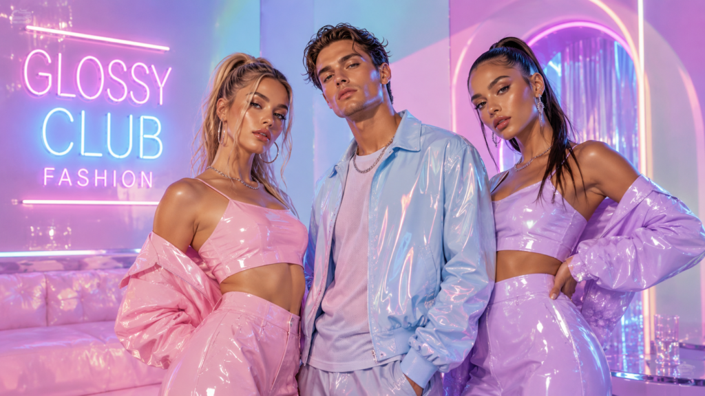 Drei Personen in glossy PVC-Clubwear-Outfits in Pink, Lavendel und Hellblau vor einem Neon-Schild mit „Glossy Club Fashion" – Editorial-Look für Clubwear & Fashion 2026.
