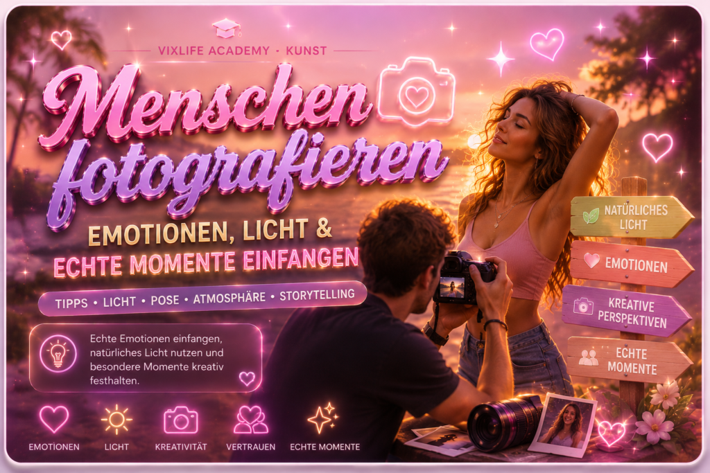 Menschen fotografieren Banner im glossy Pastellstil mit Fotograf, Model bei Sonnenuntergang, Kamera-Ästhetik und moderner Creator-Fotografie im VixLife Academy Kunst Stil.