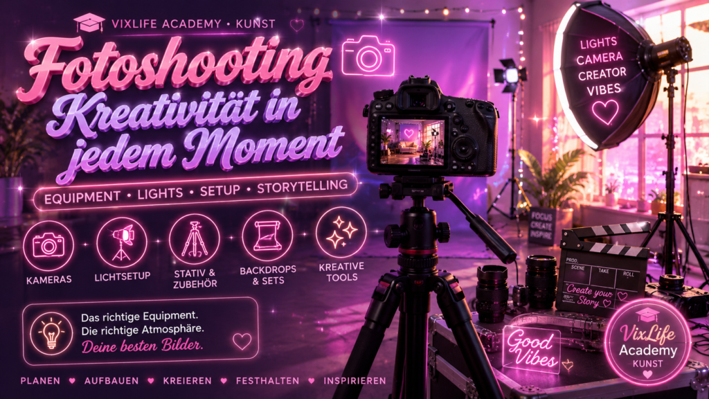 Modernes Kamera- und Creator-Setup im glossy Neonstil mit Kamera, Licht-Equipment, Objektiven, Filmklappe und kreativem Studio im VixLife Academy Kunst Look.