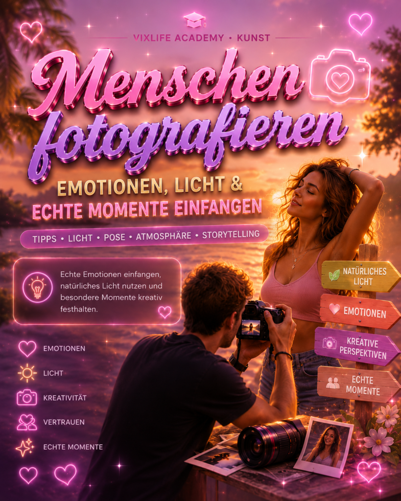 Menschen fotografieren Poster im glossy Neonstil mit Fotograf, Kamera, Sonnenuntergang, emotionaler Creator-Fotografie und moderner VixLife Academy Kunst-Atmosphäre.