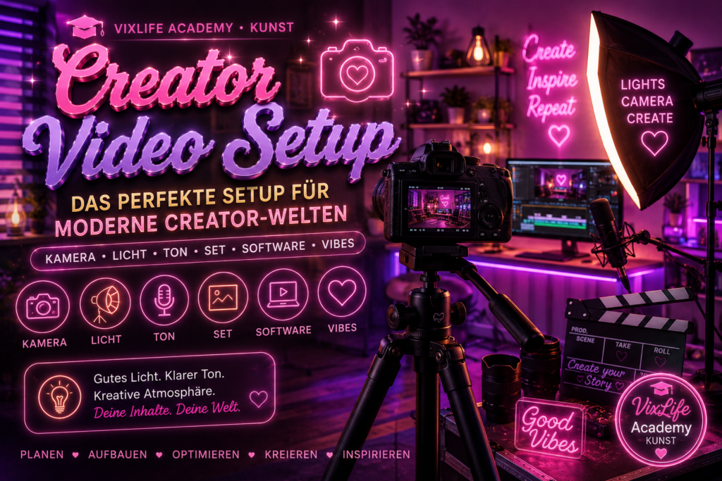 Creator Video Setup Banner im glossy Neonstil mit Kamera, Mikrofon, Softbox, Filmklappe und modernem Creator-Studio. VixLife Academy Kunst Motiv für Videografie, Content Creation und kreative Creator-Welten.