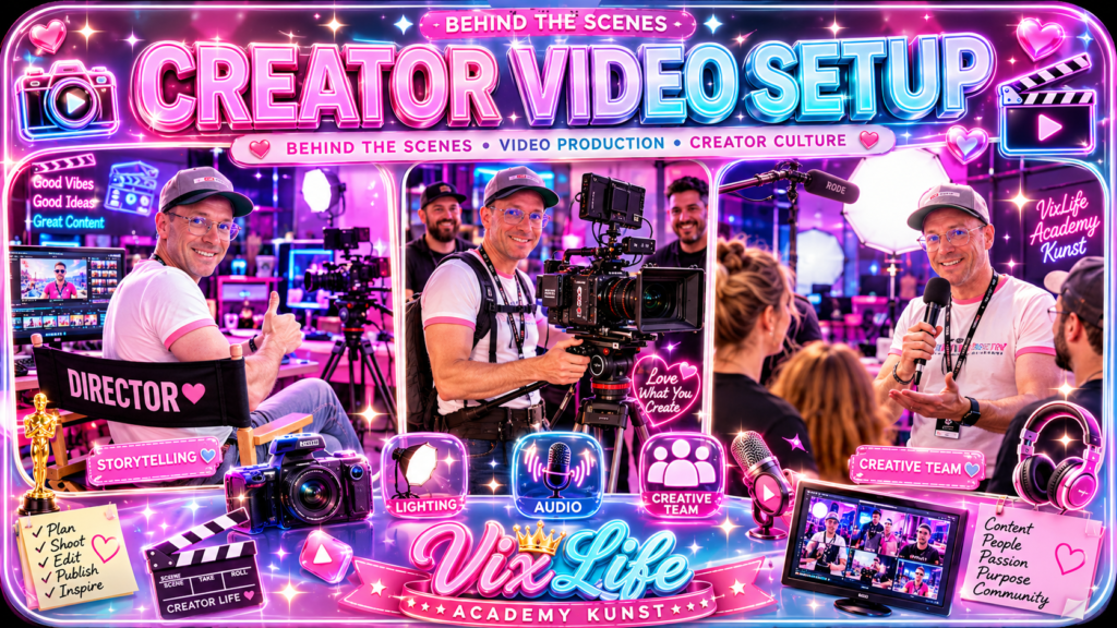 Creator Video Setup Community Banner im VixLife Academy Kunst Stil mit Behind-the-Scenes-Einblicken, Kameratechnik, Videoproduktion, Audio-Setup und kreativem Team in einer modernen Creator-Studio-Atmosphäre.