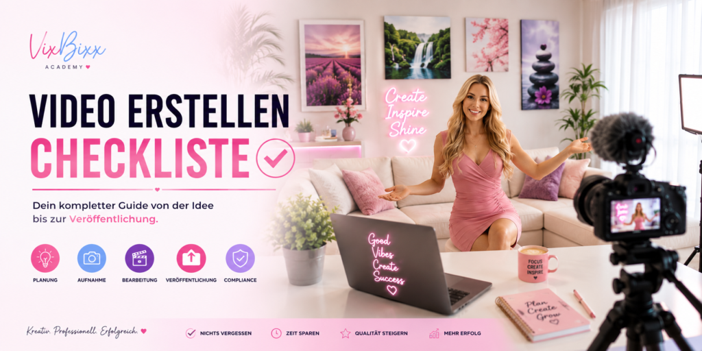 Modernes Creator-Setup in einem hellen Studio mit Kamera, Lichttechnik, Laptop und gemütlicher Wohnatmosphäre. Im Mittelpunkt steht die VixBixx Video erstellen Checkliste für eine strukturierte und professionelle Content-Produktion.