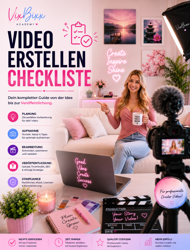 Video erstellen Checkliste Titelbild der VixLife Academy Kunst. Eine Creatorin sitzt in einem modernen Content-Studio vor Kamera, Laptop und Video-Equipment. Das Bild zeigt die wichtigsten Produktionsschritte von Planung über Aufnahme und Bearbeitung bis zur Veröffentlichung. Die Szene ist im typischen VixBixx-Pastell- und Neonstil gestaltet.