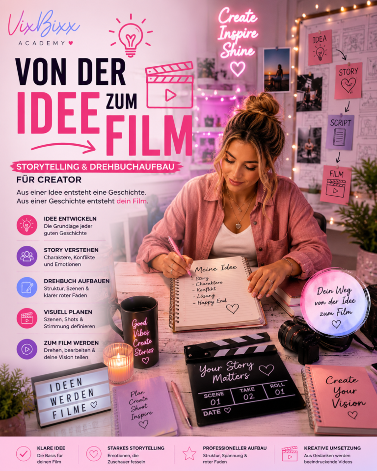 Creatorin entwickelt eine Filmidee an ihrem Schreibtisch und schreibt erste Storytelling-Notizen in ein Drehbuch. Im Hintergrund visualisieren Notizen den Weg von der Idee über Story und Skript bis zum fertigen Film. Die Szene ist im typischen VixBixx-Pastellstil gestaltet.