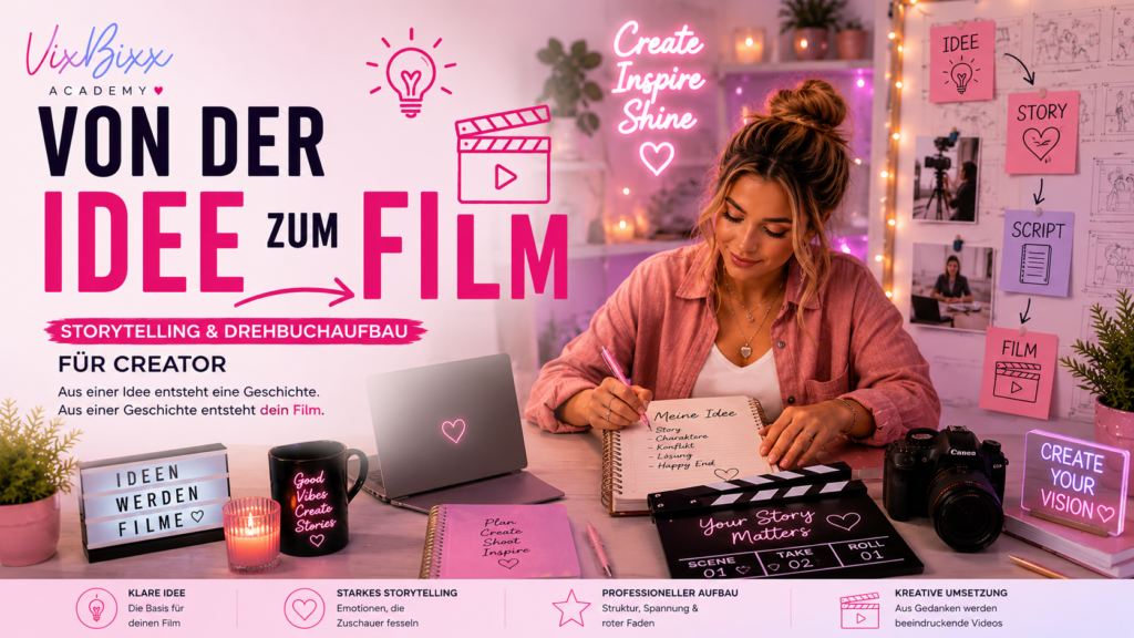 Modernes Creator-Workspace im VixBixx-Stil mit Laptop, Kamera, Drehbuchnotizen und Storyboard. Eine Creatorin arbeitet an einer Filmidee und plant den Weg von der ersten Idee über Storytelling und Drehbuch bis zur fertigen Videoproduktion.