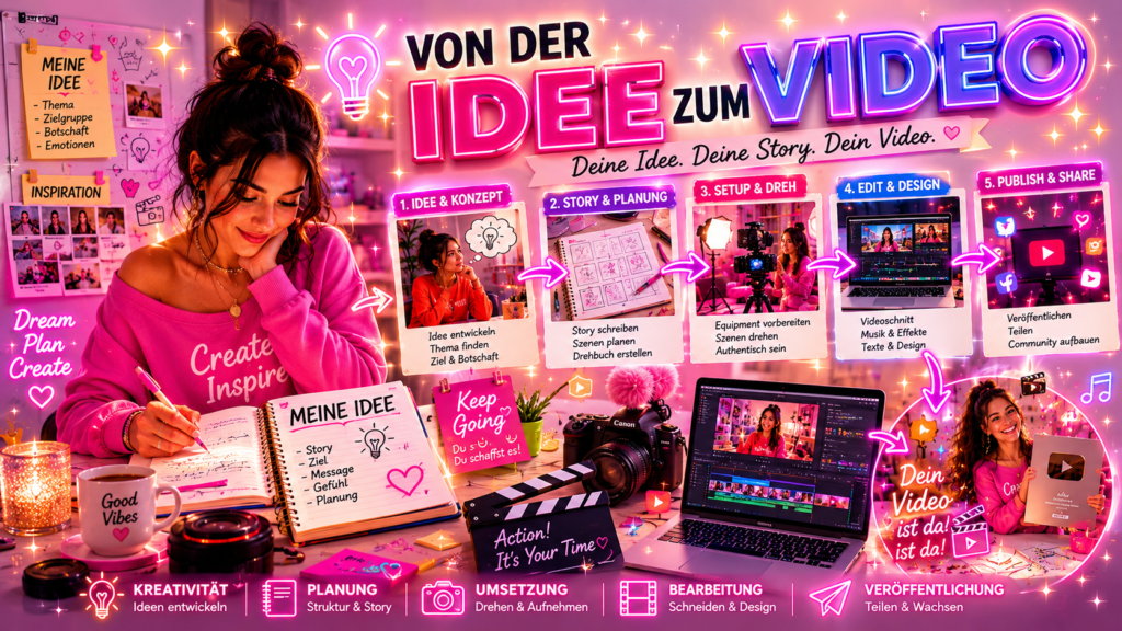 Illustration im VixLife Academy Kunst Stil, die den gesamten Creator-Workflow von der ersten Idee bis zum fertigen Video zeigt. Zu sehen sind Notizen, Storyboards, Kamera-Equipment, Videoschnitt, Veröffentlichung und eine Creatorin, die den kreativen Prozess begleitet. Die Szene ist in Pastellfarben mit pinken Neon- und Glow-Effekten gestaltet.