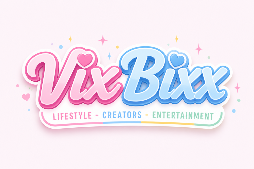 VixBixx Lifestyle Plattform Logo in pink und blau mit verspieltem 3D-Design, Herzsymbolen und dem Slogan „Lifestyle – Creators – Entertainment“.