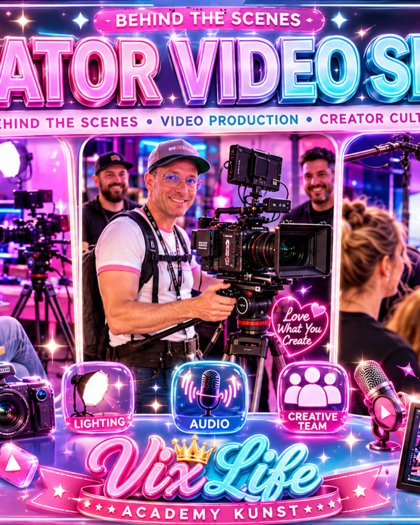 Instagram-Poster „Creator Video Setup“ im VixLife Academy Kunst Stil mit Behind-the-Scenes-Einblicken in moderne Videoproduktion. Zu sehen sind Kameraarbeit, Regiestuhl, Audio-Setup, Lichttechnik und ein kreatives Creator-Team in einer neonfarbenen Studio-Atmosphäre.