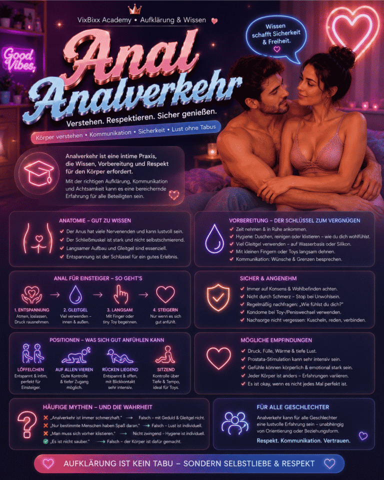 Modernes VixLife Academy Aufklärungsbild zum Thema Analverkehr im glossy Pastellstil mit neonfarbenen Elementen, einem entspannten Paar in gemütlicher Atmosphäre sowie informativen Icons zu Kommunikation, Sicherheit und Körperverständnis.